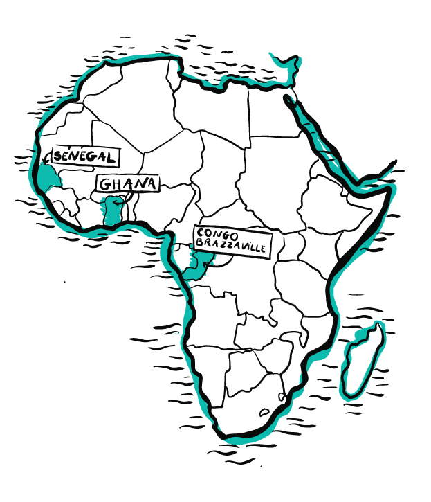 Carte de l’Afrique bleutée avec focus sur le Sénégal, le Congo et le Ghana